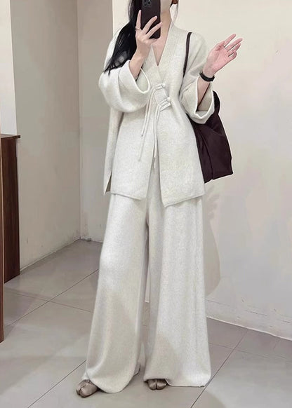 Brief Light Grey V Neck Button Knit Coats and Pants Two Piece Set Fall