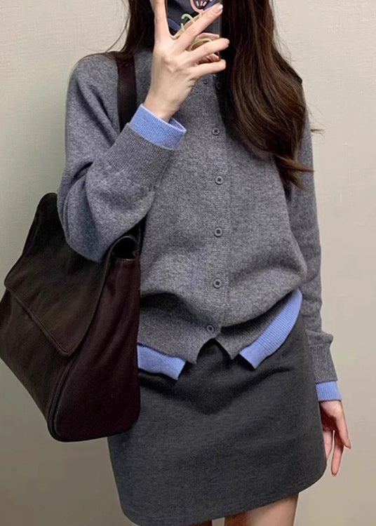 Grey O Neck False Two Pieces Knit Cardigan Spring