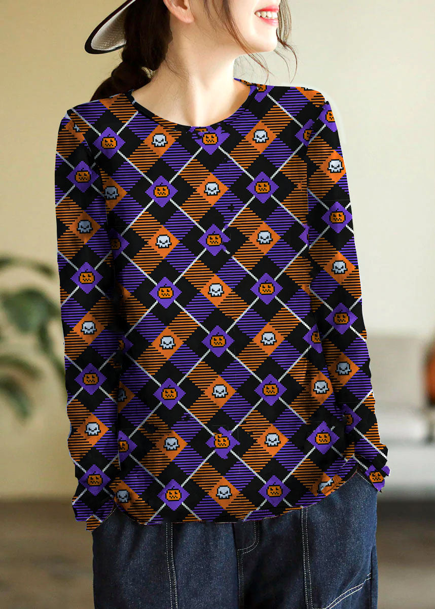 Beige O-neck Print Cotton Knitted Top Long Sleeve