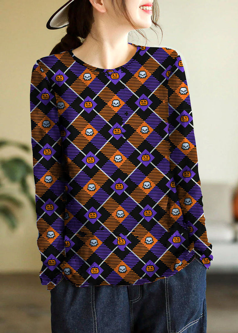Beige O-neck Print Cotton Knitted Top Long Sleeve
