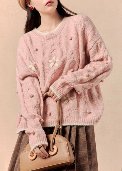 Pink Cozy Cotton Knit Sweaters O Neck Spring