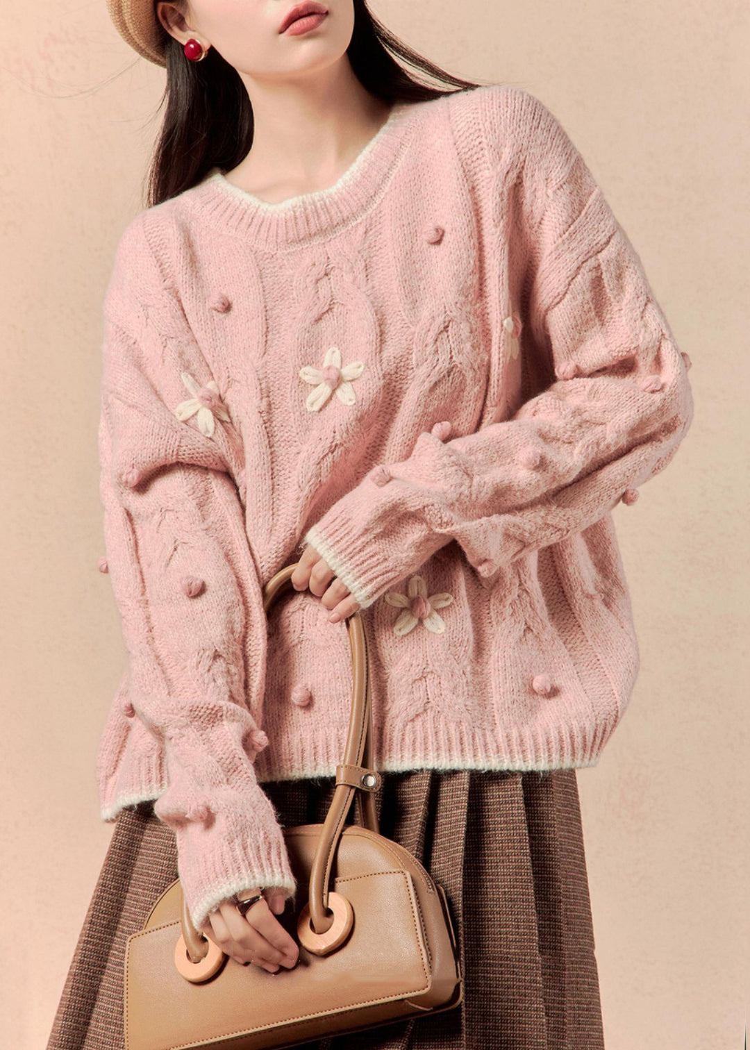 Pink Cozy Cotton Knit Sweaters O Neck Spring