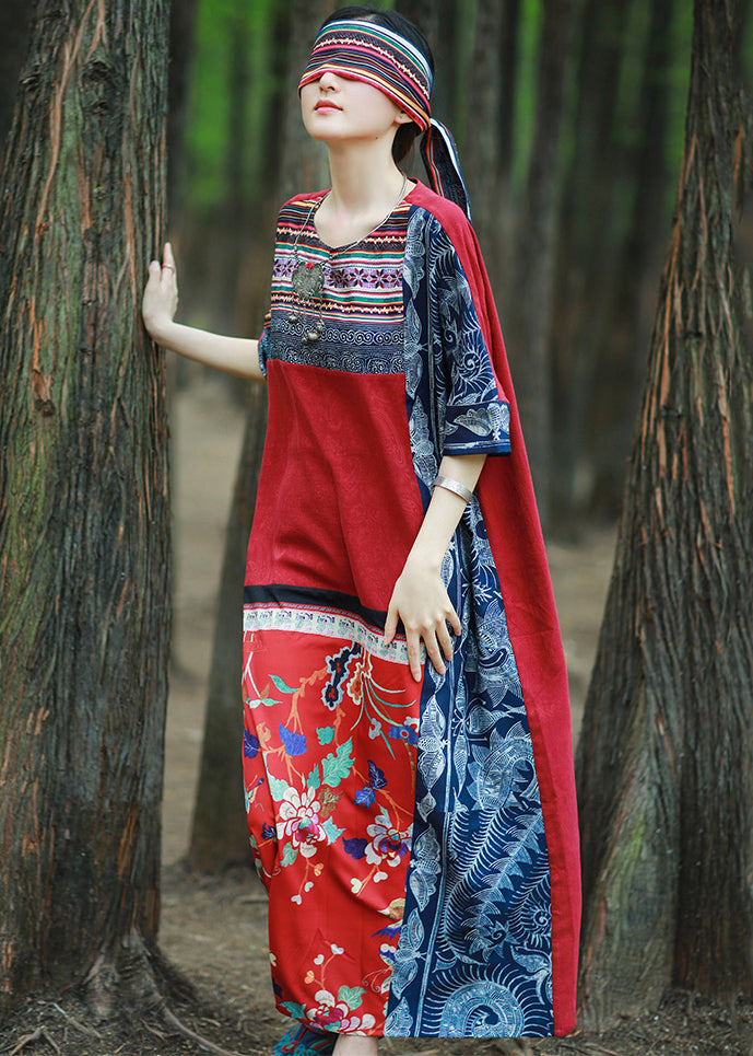 Loose Red Print Pockets Patchwork Cotton Maxi Dresses Half Sleeve