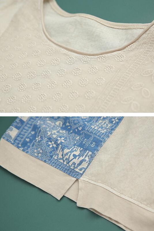 Cotton Linen Patchwork Stitching Split T-shirt