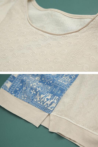 Cotton Linen Patchwork Stitching Split T-shirt