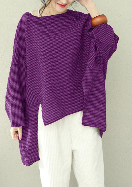 Asymmetric Cotton Fine Work Black Brown Plaid Oversized Tops