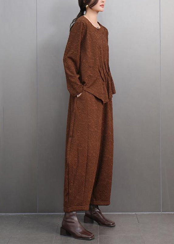 Brown O-neck Print T Shirts and Lantern Pants Two Pieces Set Spring