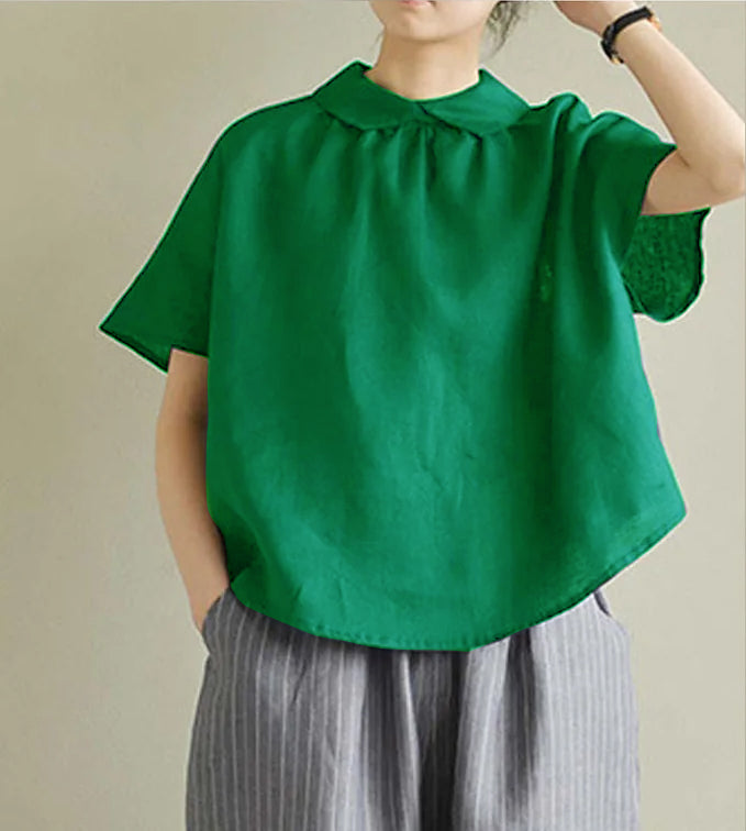 Simple Yellow Peter Pan Collar Linen Shirt Summer