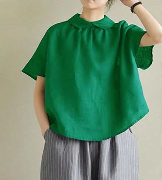 Simple Green Peter Pan Collar Linen Shirt Summer