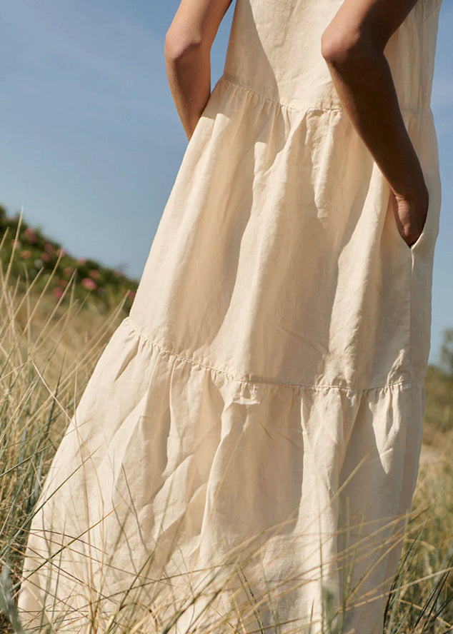 Apricot V Neck Wrinkled Patchwork Cotton Strap Dress Sleeveless