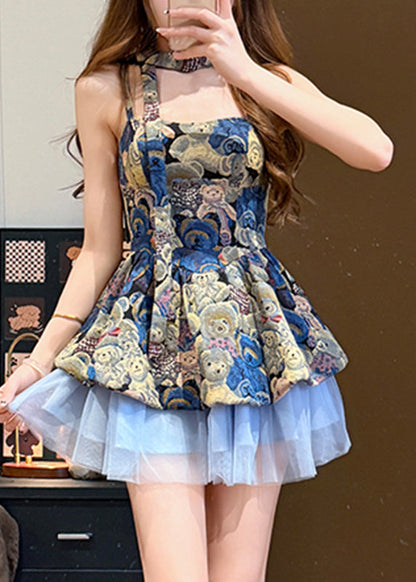Unique Blue Print Tulle Patchwork Coats and Mid Dress Two Piece Set Fall