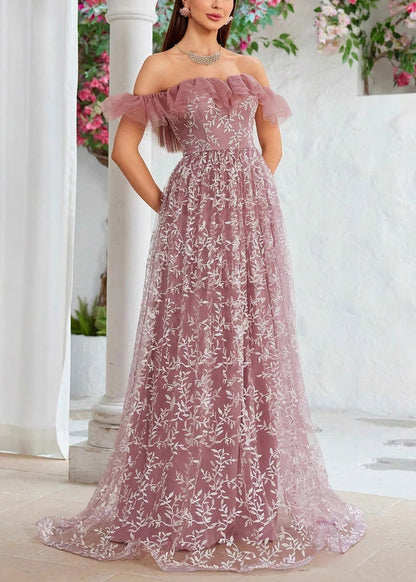 Slash Neck Embroidery High Waist Tulle Maxi Dresses Summer