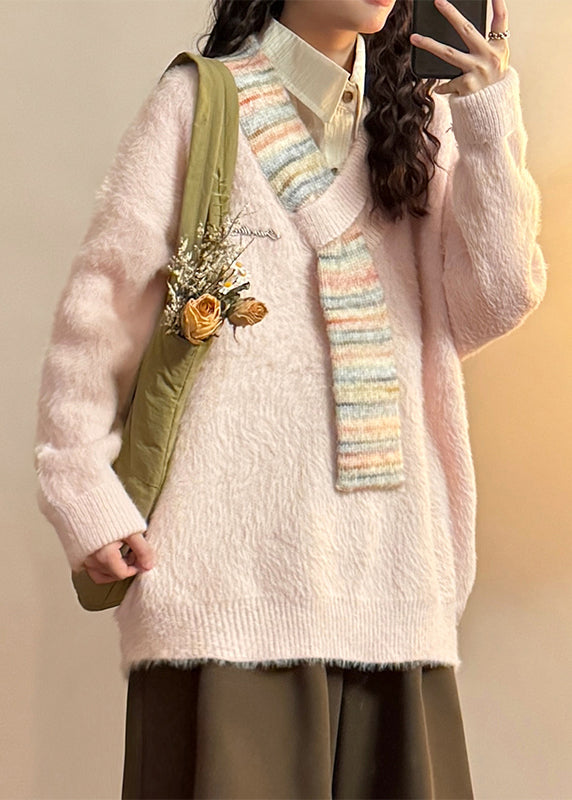 Loose Apricot V Neck Striped Patchwork Mink Hair Knitted Sweaters Spring
