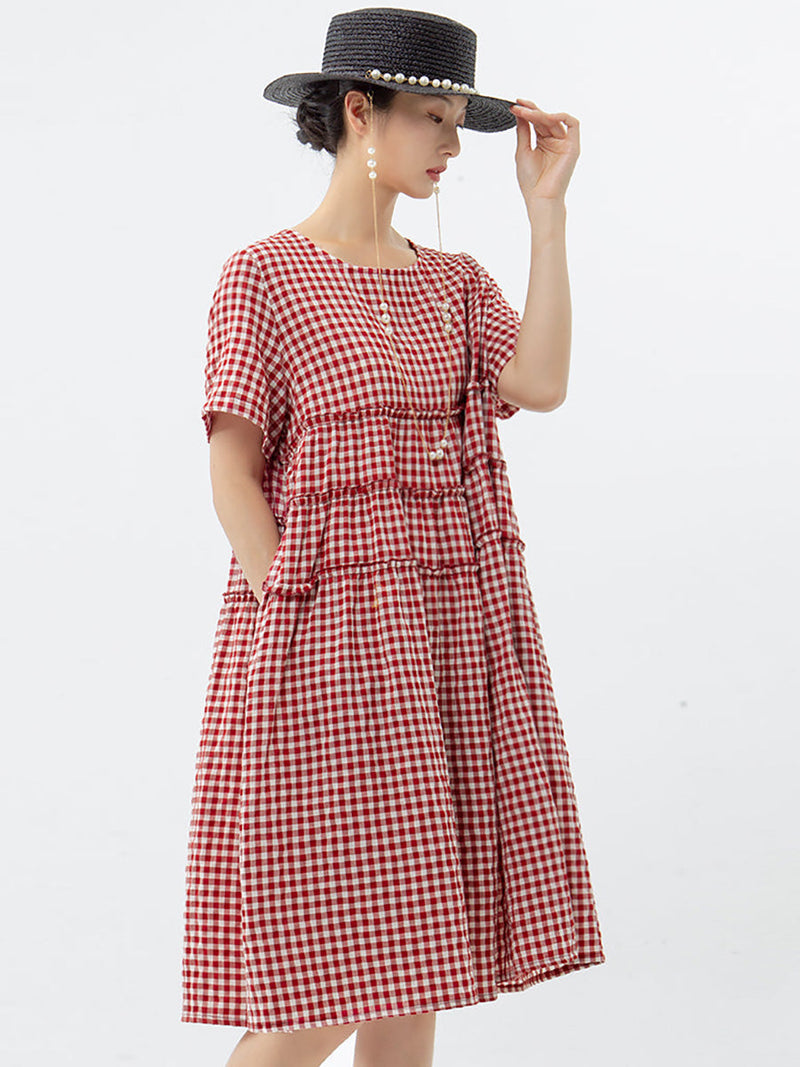 100%cotton Short Sleeve Plaid Dress