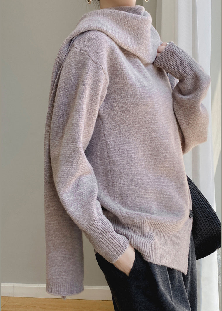 Coffee Scarf Collar Button Patchwork Wool Sweaters Spring