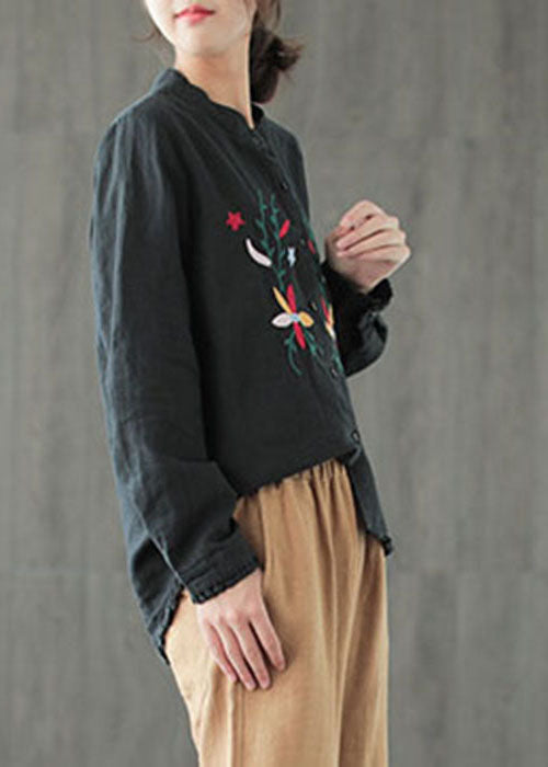 Boutique Black Stand Collar Embroidered Ruffled Low High Design Linen Shirt Long Sleeve