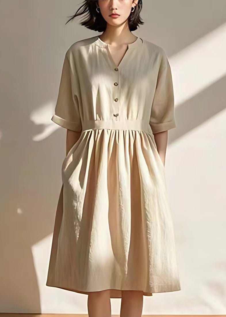 Beige V Neck Pockets Wrinkled Linen Dresses Summer