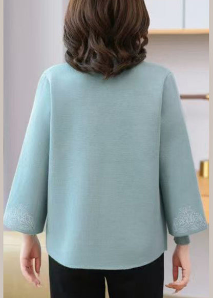 Light Blue V Neck Print Tassel Cotton Knit Cardigans and Sweaters Two Pieces Set Fall