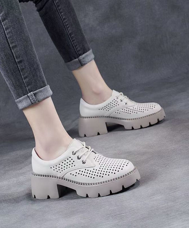 Beige Splicing Chunky Heel Hollow Out Lace Up