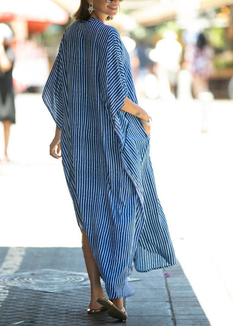 Modern Blue V Neck Striped Cotton Shirts Dress Summer