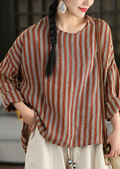 Red O Neck Striped Loose Linen Top Long Sleeve