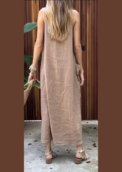 Khaki V Neck Pockets Cotton Spaghetti Strap Dress Summer