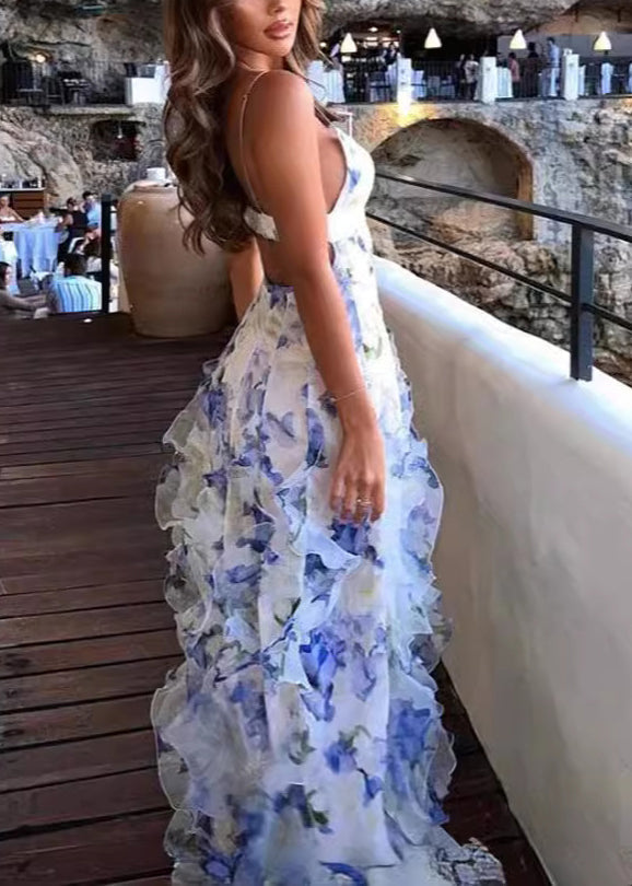 Blue Ruffled Print Tulle Spaghetti Strap Dress Sleeveless