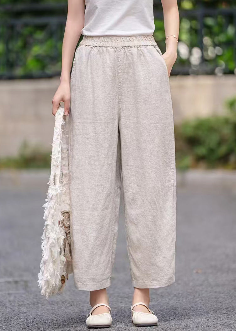 Purple Pockets Elastic Waist Linen Crop Pants Summer