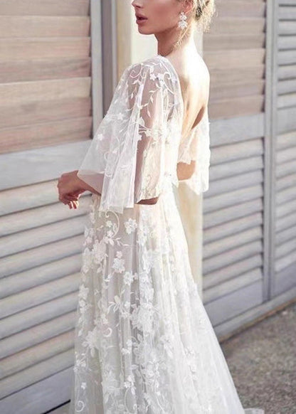 White V Neck Backless Tulle Lace Long Dress Summer