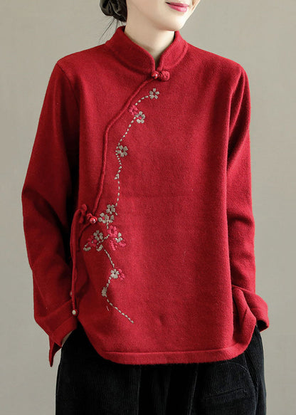 Green Mandarin Collar Embroidered Knit Sweaters Winter