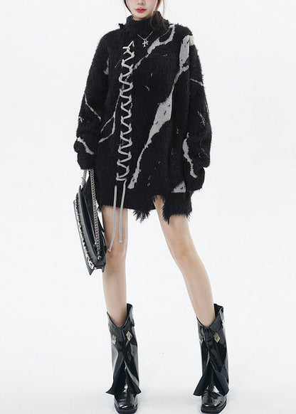 Black High Neck Print Ripped Long Sweater Winter