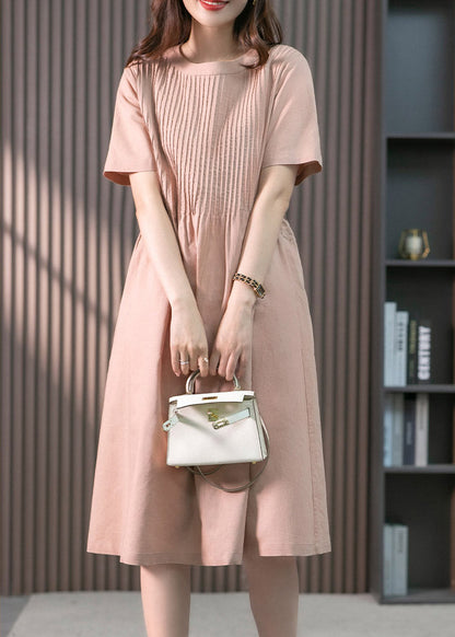 Pink O-neck Pockets Linen Long Dress Short Sleeve