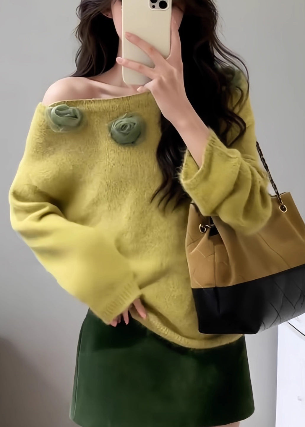 Fitted Yellow Slash Neck Decorated Knit Pullover Fall