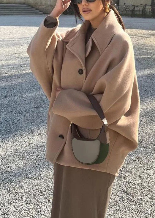 New Khaki Peter Pan Collar Pockets Patchwork Woolen Jacket Fall
