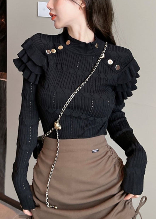 Black Hollow Out Knit Sweater Ruffled Winter