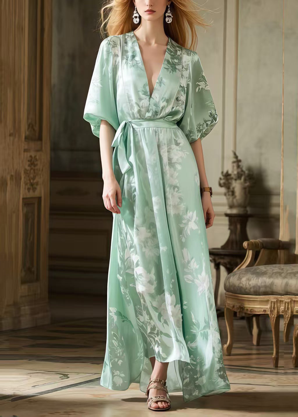 Light Green Tie Waist Print Silk Long Dress Summer