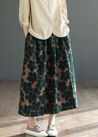Green Wrinkled Pockets Print Patchwork Cotton Skirts Summer