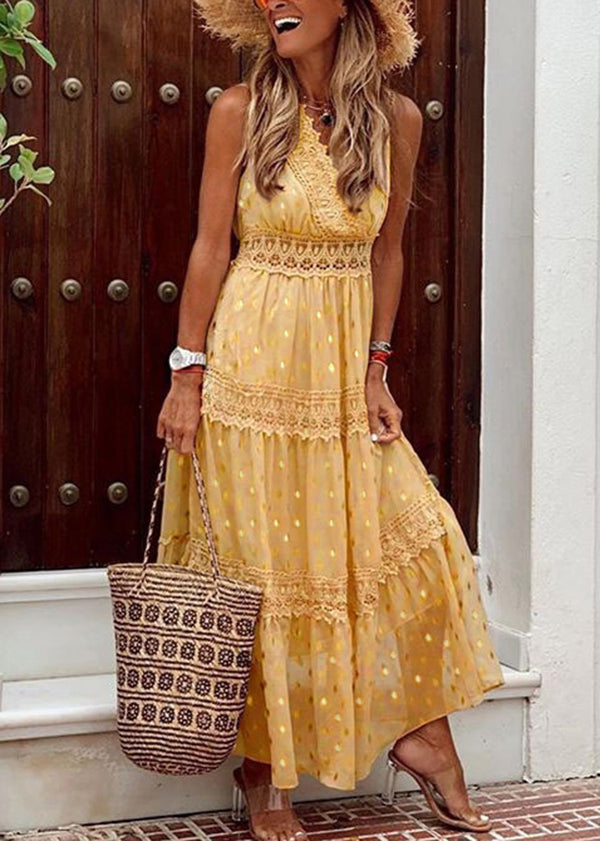 New Apricot V Neck Lace Patchwork Chiffon Long Dress Sleeveless