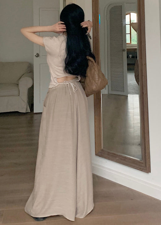 Khaki Silm Fit Tops and Wide Leg Pants Two Pieces Set Summer