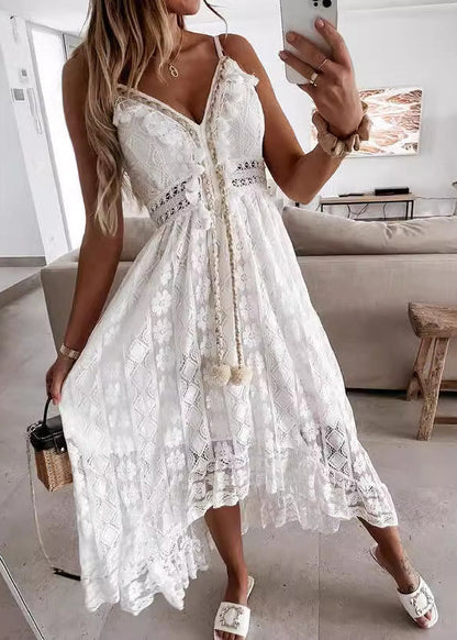 White V Neck Lace Spaghetti Strap Dress Summer