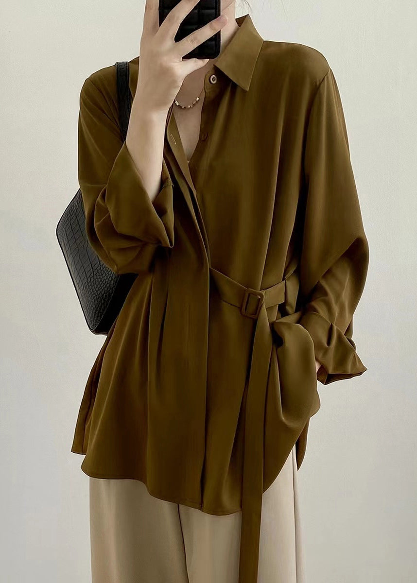 Caramel Peter Pan Collar Lace Up Loose Shirt Top Fall