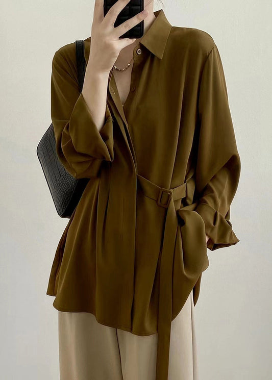 Caramel Peter Pan Collar Lace Up Loose Shirt Top Fall