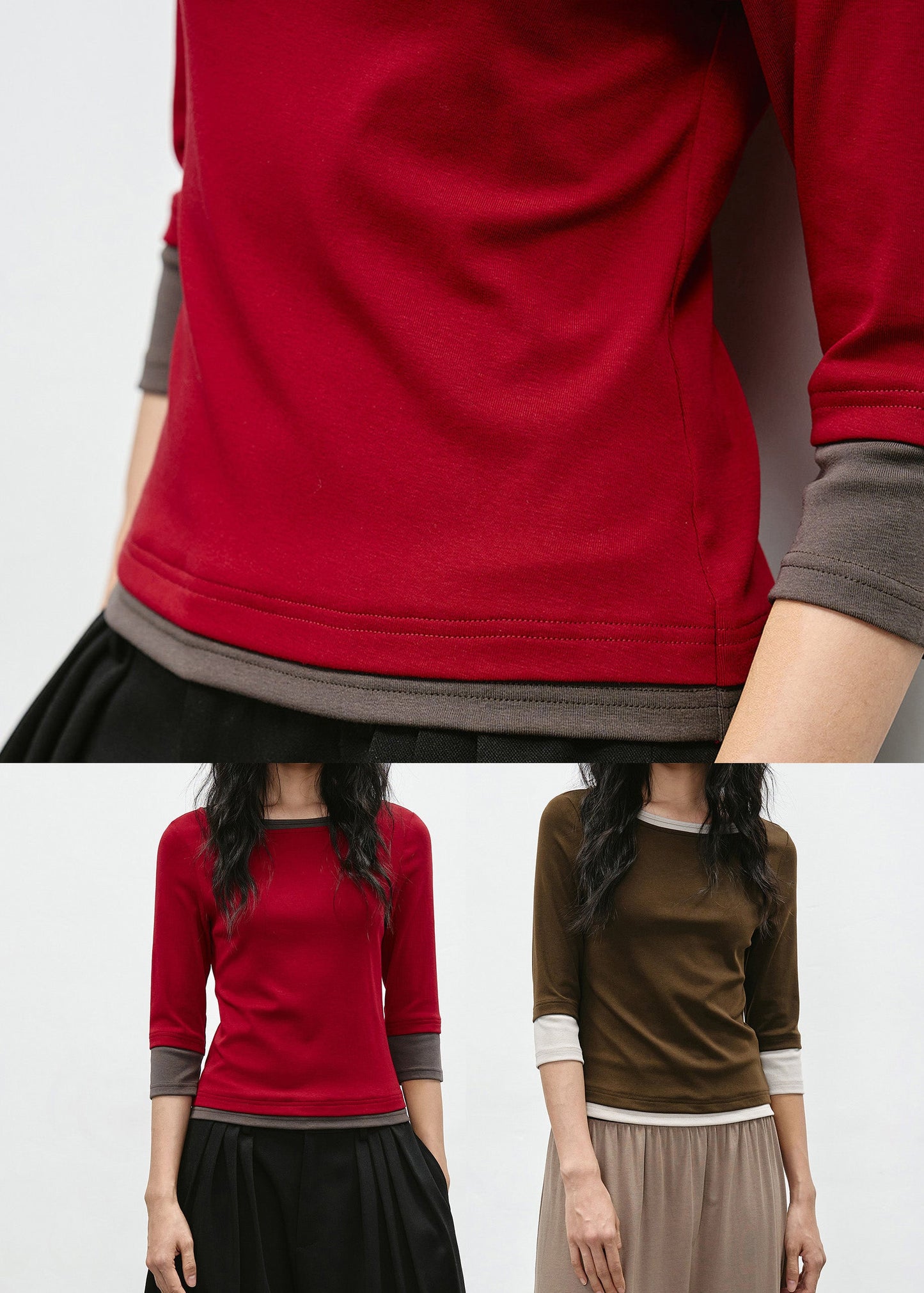 Stylish Red O Neck Patchwork Cotton Tops Bracelet Sleeve