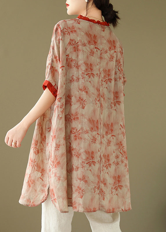 Red Ruffled Print Button Top Short Sleeve