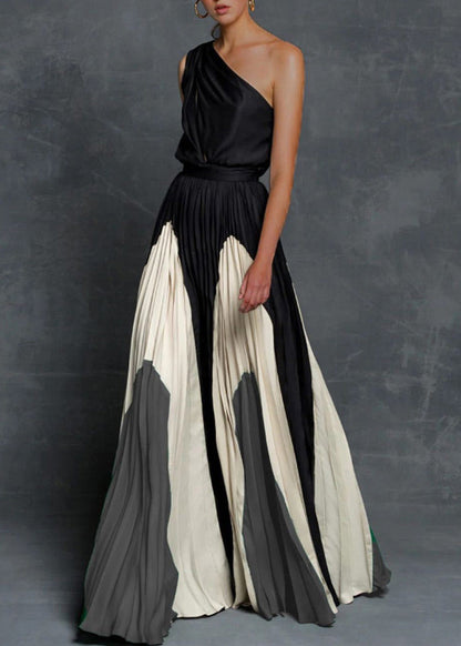 Green One Shoulder Patchwork Cotton Dresses Summer