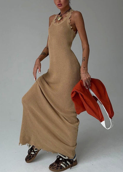 Slim Fit Khaki O Neck Knit Maxi Dresses Sleeveless