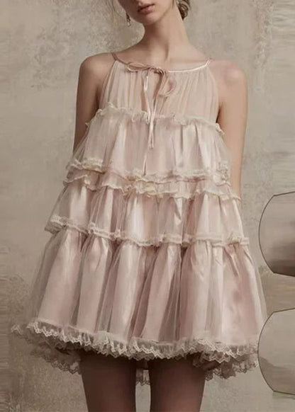 Style Pink O-neck Ruffled Lace Patchwork Tulle Mid Dress Summer
