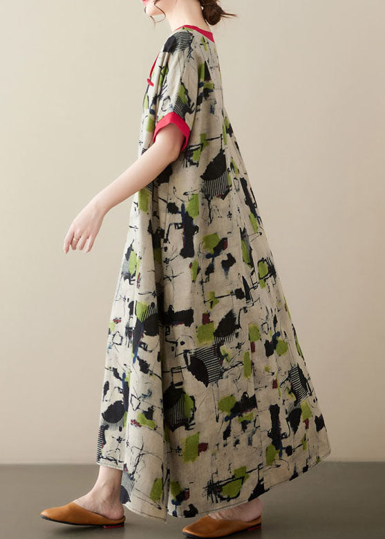 Green V Neck Print Patchwork Linen Long Dresses Summer
