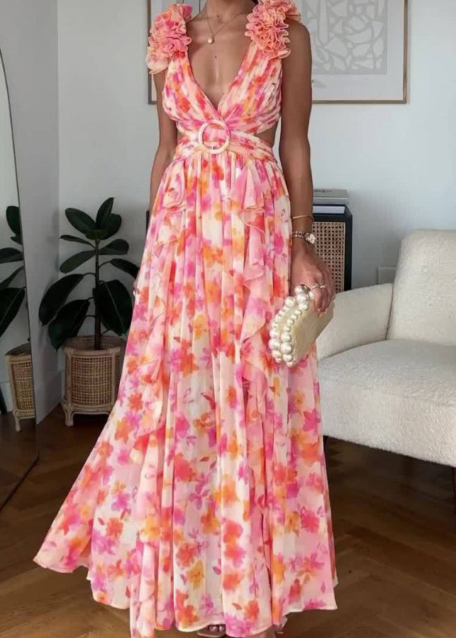 Pink Ruffled Print Lace Up Cotton Maxi Dress Sleeveless