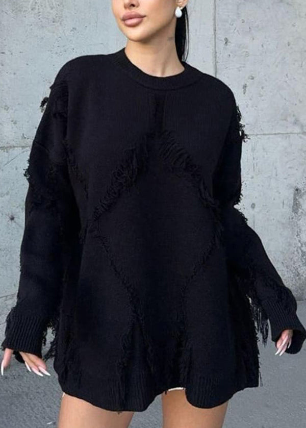 New White O Neck Tassel Knit Sweater Tops Fall